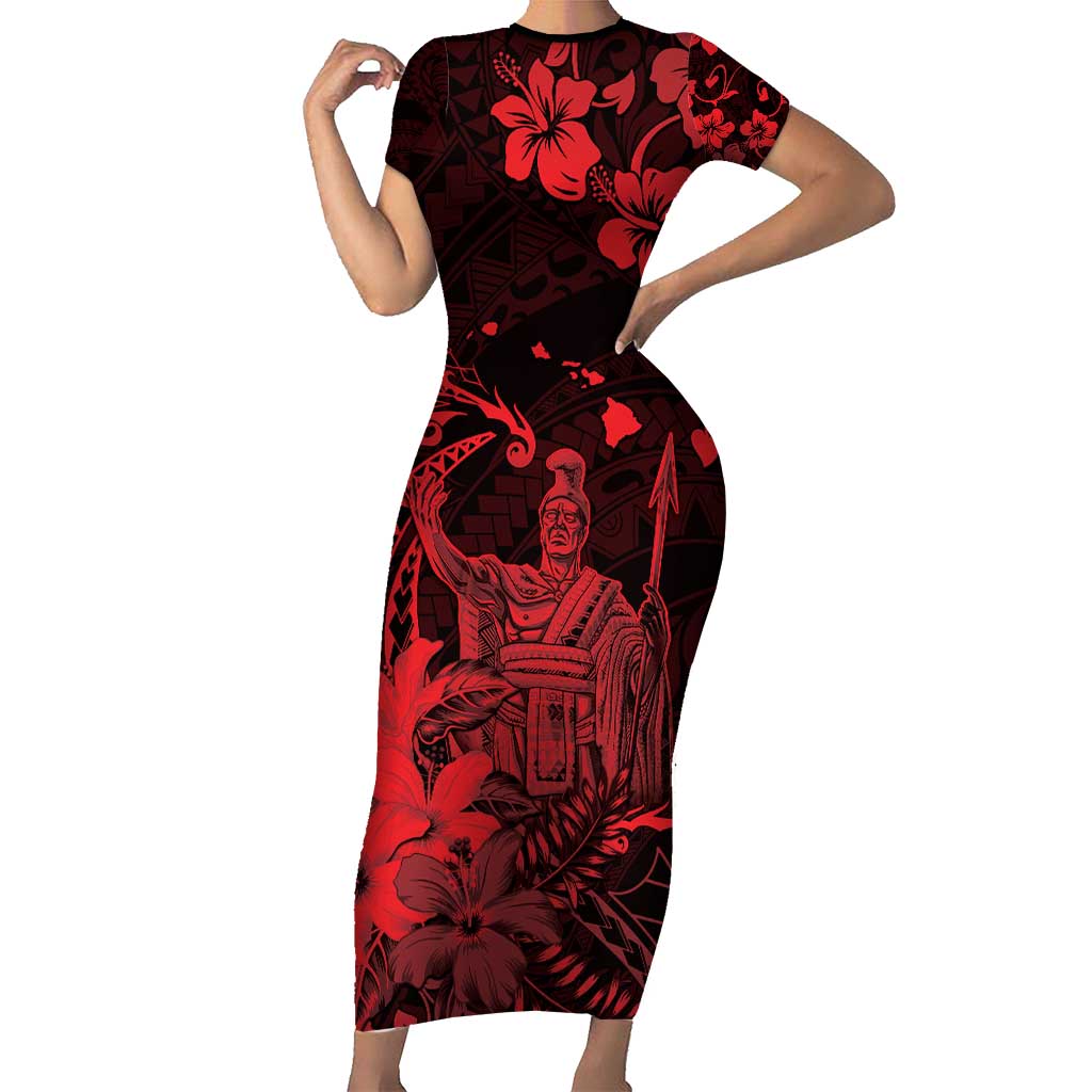 Hawaii King Kamehameha Day Short Sleeve Bodycon Dress Polynesian Pattern Mix Hibiscus Red