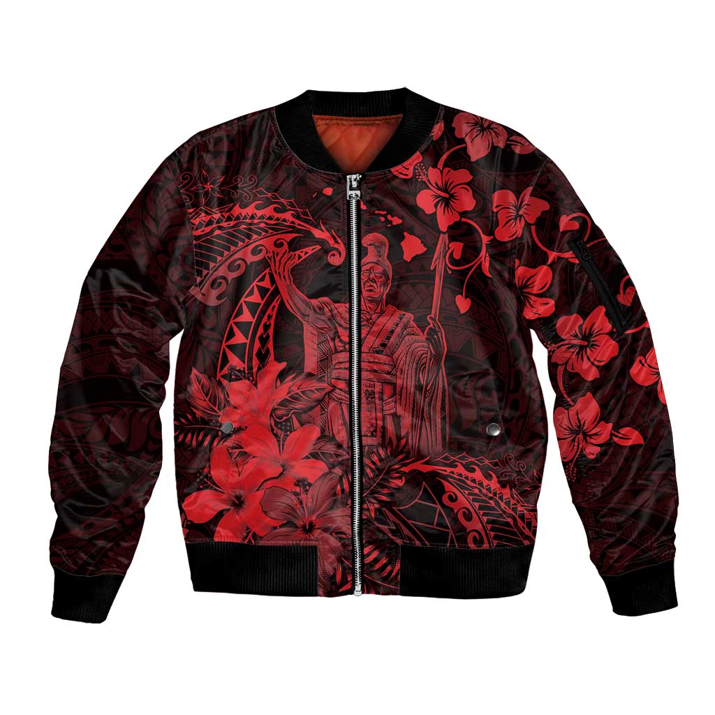 Hawaii King Kamehameha Day Sleeve Zip Bomber Jacket Polynesian Pattern Mix Hibiscus Red LT05 Unisex Red - Polynesian Pride