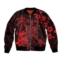 Hawaii King Kamehameha Day Sleeve Zip Bomber Jacket Polynesian Pattern Mix Hibiscus Red LT05 Unisex Red - Polynesian Pride