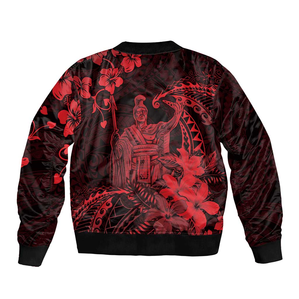 Hawaii King Kamehameha Day Sleeve Zip Bomber Jacket Polynesian Pattern Mix Hibiscus Red LT05 - Polynesian Pride
