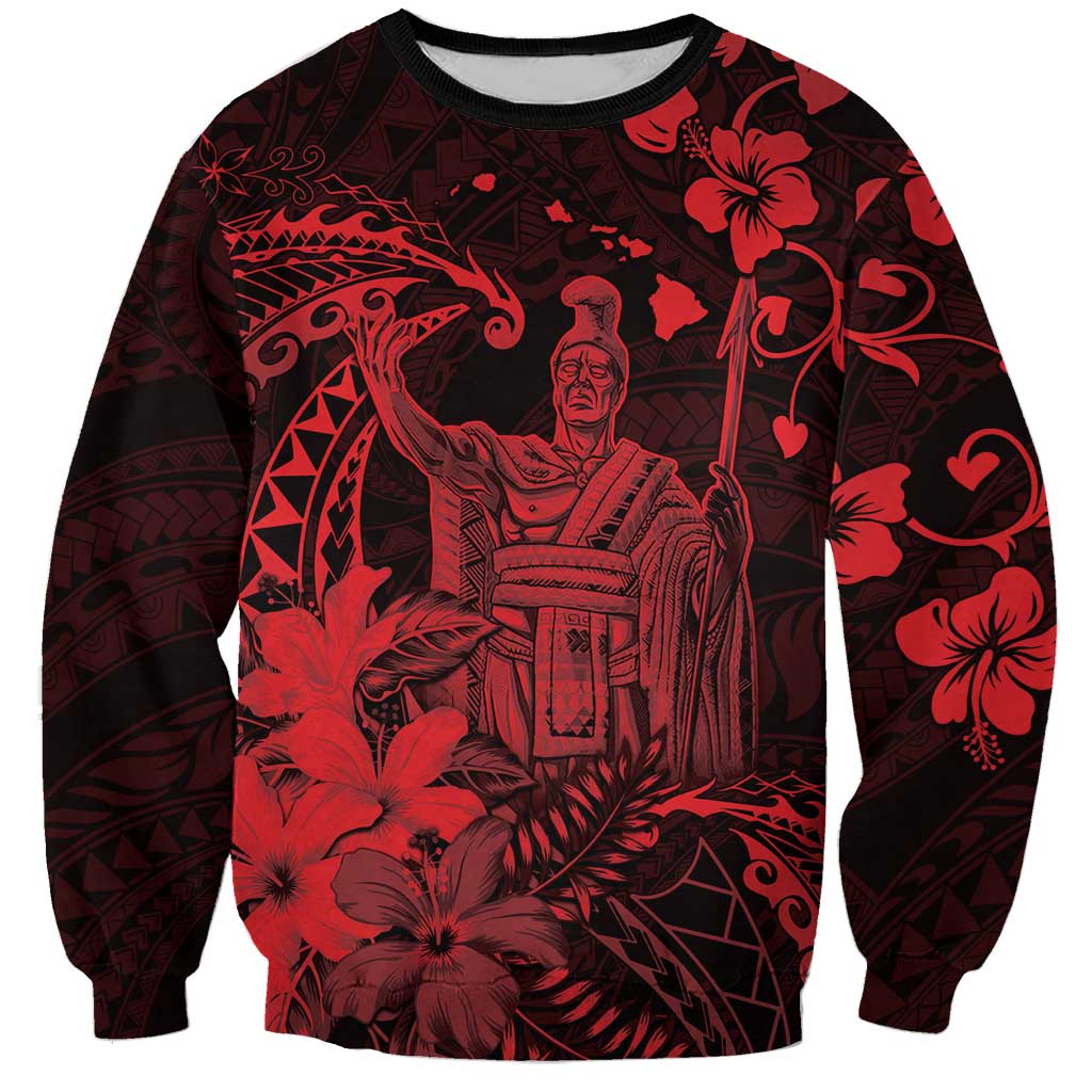 Hawaii King Kamehameha Day Sweatshirt Polynesian Pattern Mix Hibiscus Red LT05 Unisex Red - Polynesian Pride