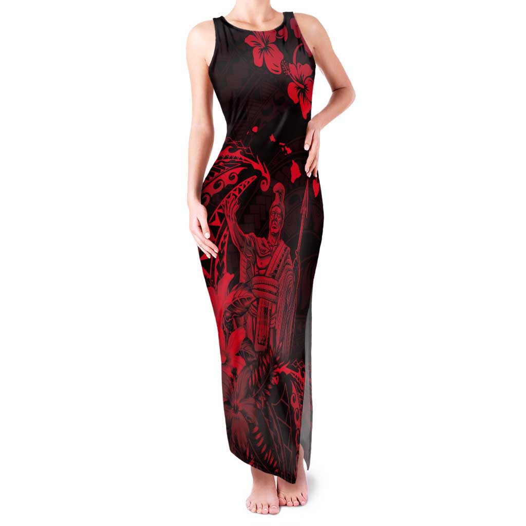 Hawaii King Kamehameha Day Tank Maxi Dress Polynesian Pattern Mix Hibiscus Red LT05 Women Red - Polynesian Pride