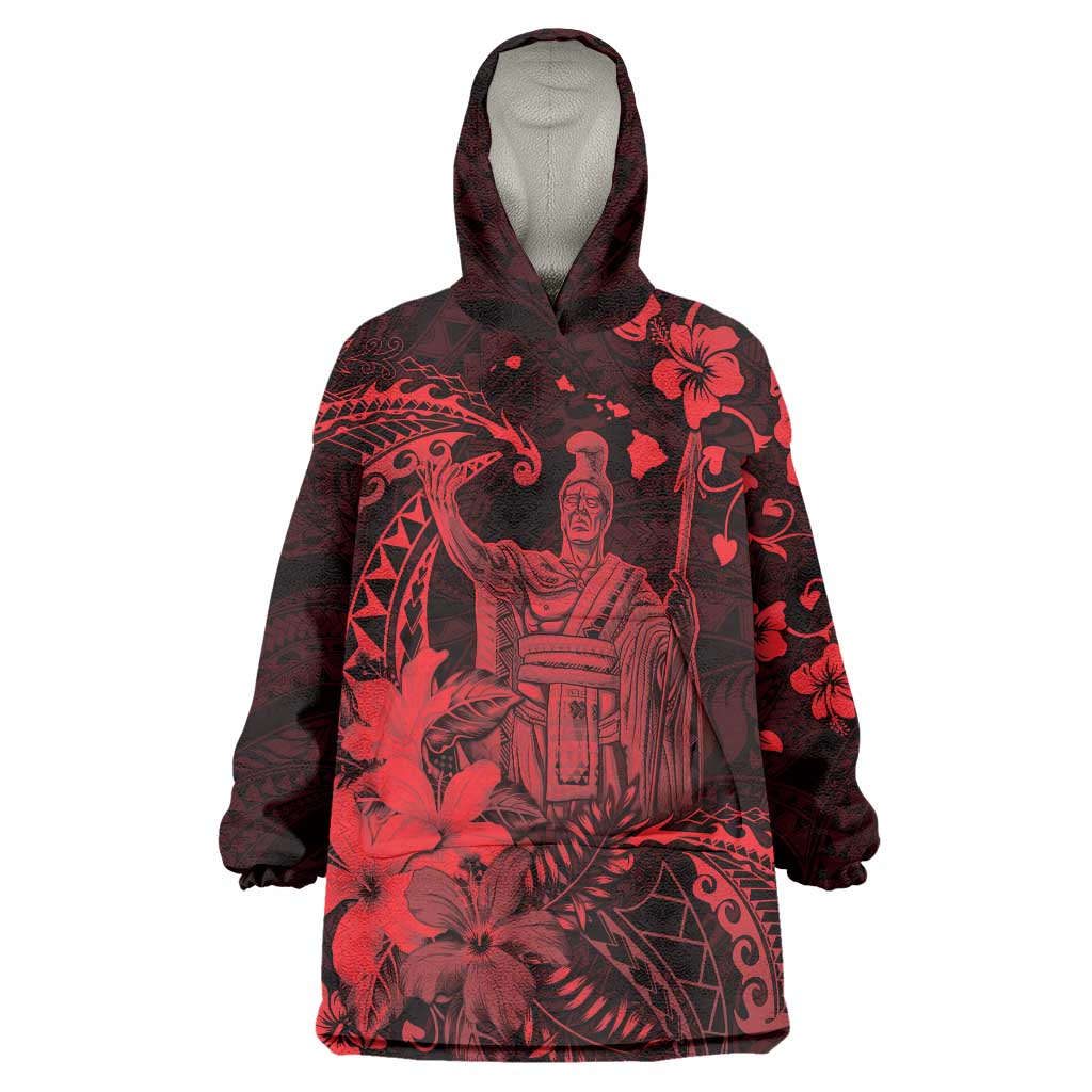 Hawaii King Kamehameha Day Wearable Blanket Hoodie Polynesian Pattern Mix Hibiscus Red LT05 One Size Red - Polynesian Pride