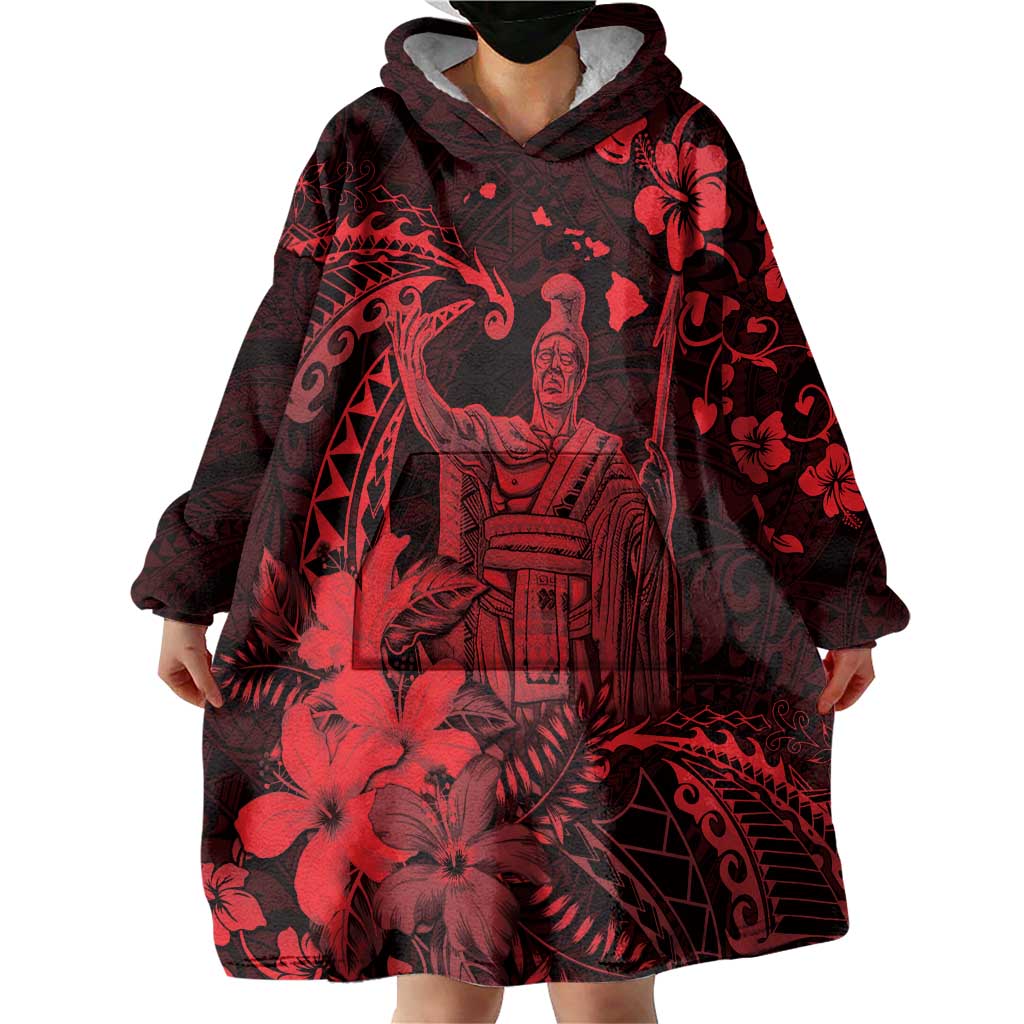 Hawaii King Kamehameha Day Wearable Blanket Hoodie Polynesian Pattern Mix Hibiscus Red LT05 - Polynesian Pride