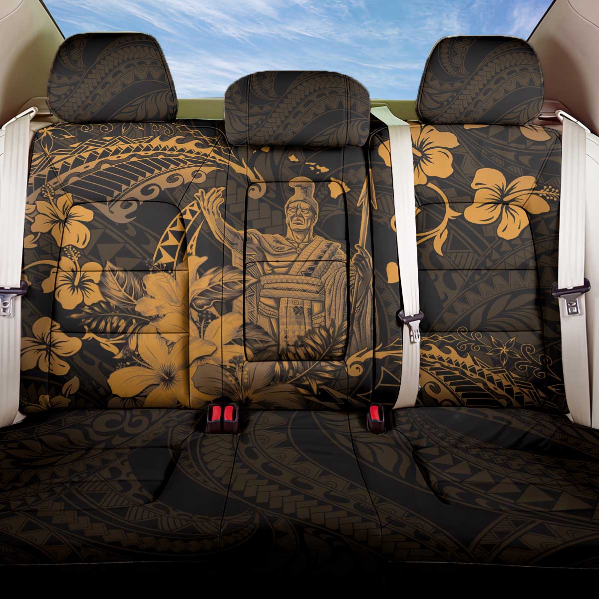 Hawaii King Kamehameha Day Back Car Seat Cover Polynesian Pattern Mix Hibiscus Gold LT05 One Size Gold - Polynesian Pride