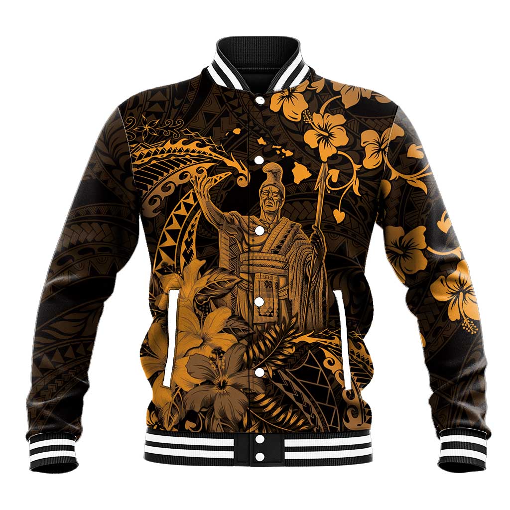 Hawaii King Kamehameha Day Baseball Jacket Polynesian Pattern Mix Hibiscus Gold LT05 Unisex Gold - Polynesian Pride