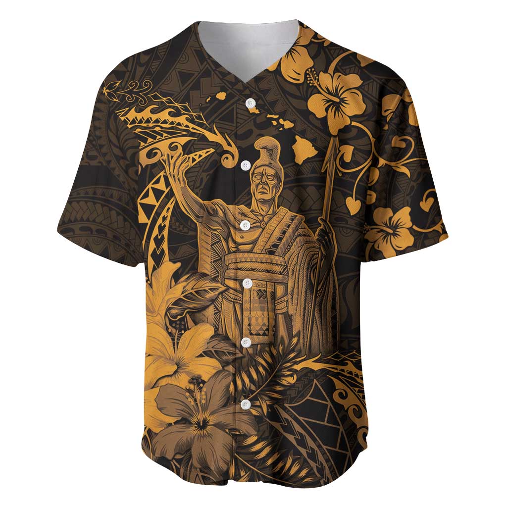 Hawaii King Kamehameha Day Baseball Jersey Polynesian Pattern Mix Hibiscus Gold LT05 Gold - Polynesian Pride