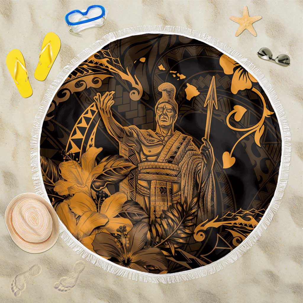 Hawaii King Kamehameha Day Beach Blanket Polynesian Pattern Mix Hibiscus Gold LT05 One Size 150cm Gold - Polynesian Pride