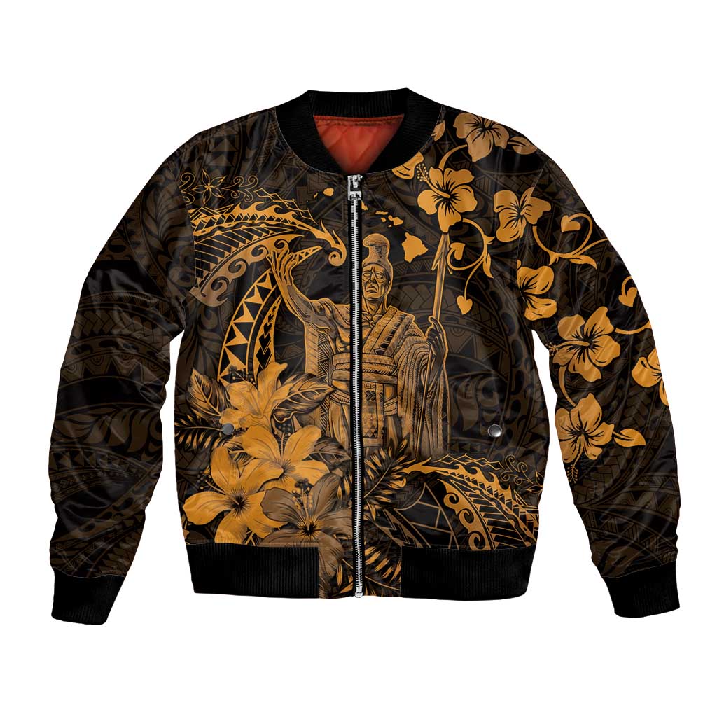 Hawaii King Kamehameha Day Bomber Jacket Polynesian Pattern Mix Hibiscus Gold LT05 Unisex Gold - Polynesian Pride
