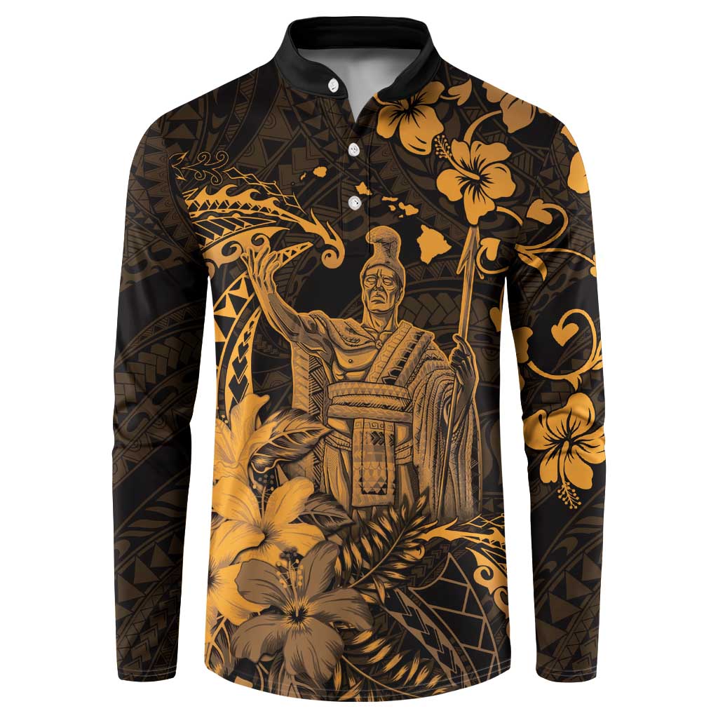 Hawaii King Kamehameha Day Button Sweatshirt Polynesian Pattern Mix Hibiscus Gold LT05 Gold - Polynesian Pride
