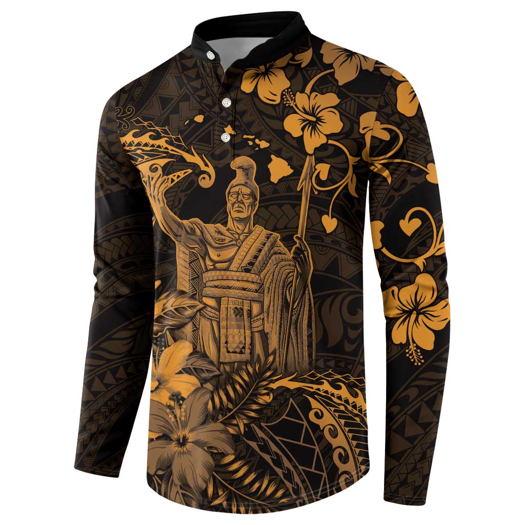 Hawaii King Kamehameha Day Button Sweatshirt Polynesian Pattern Mix Hibiscus Gold LT05 - Polynesian Pride