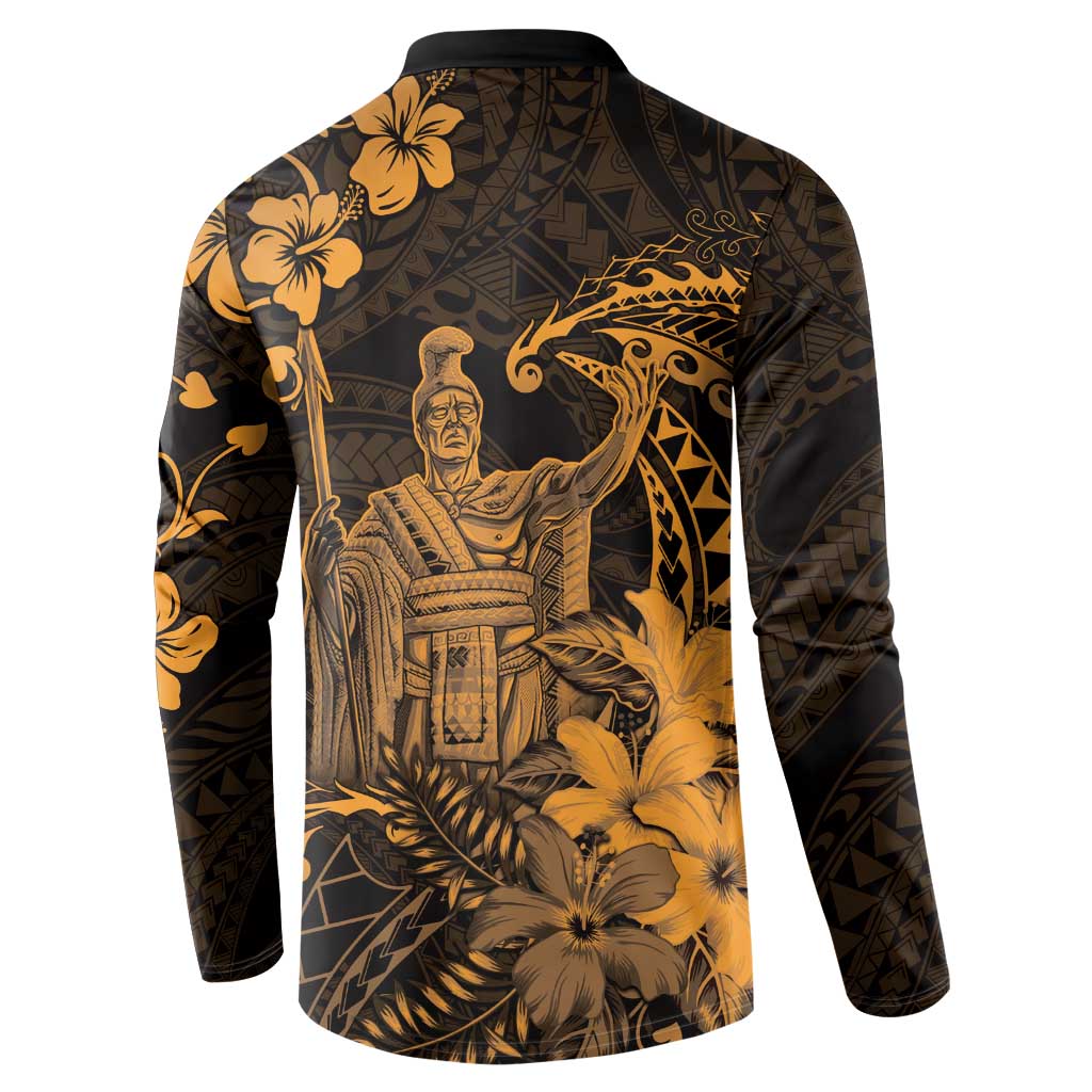 Hawaii King Kamehameha Day Button Sweatshirt Polynesian Pattern Mix Hibiscus Gold LT05 - Polynesian Pride