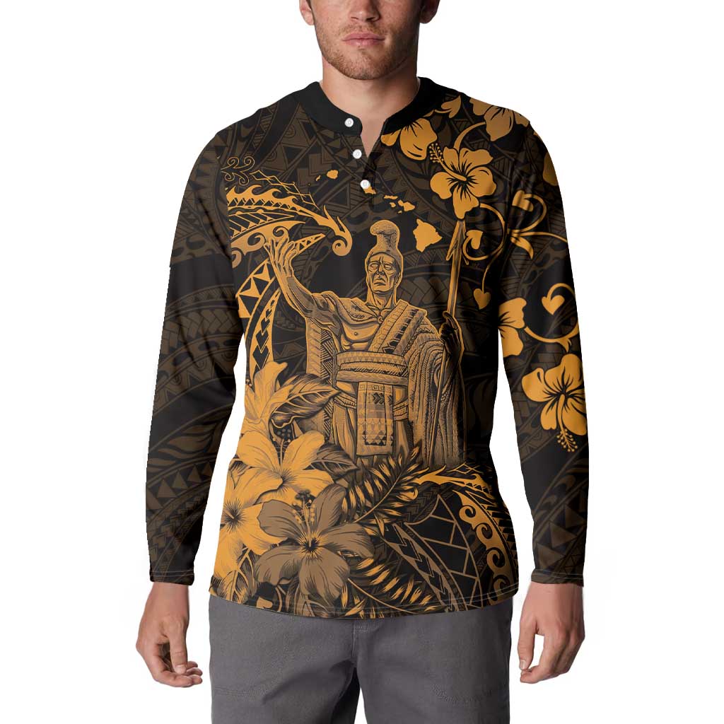 Hawaii King Kamehameha Day Button Sweatshirt Polynesian Pattern Mix Hibiscus Gold LT05 - Polynesian Pride
