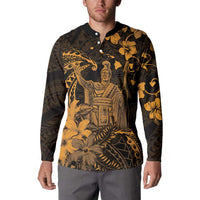Hawaii King Kamehameha Day Button Sweatshirt Polynesian Pattern Mix Hibiscus Gold LT05 - Polynesian Pride