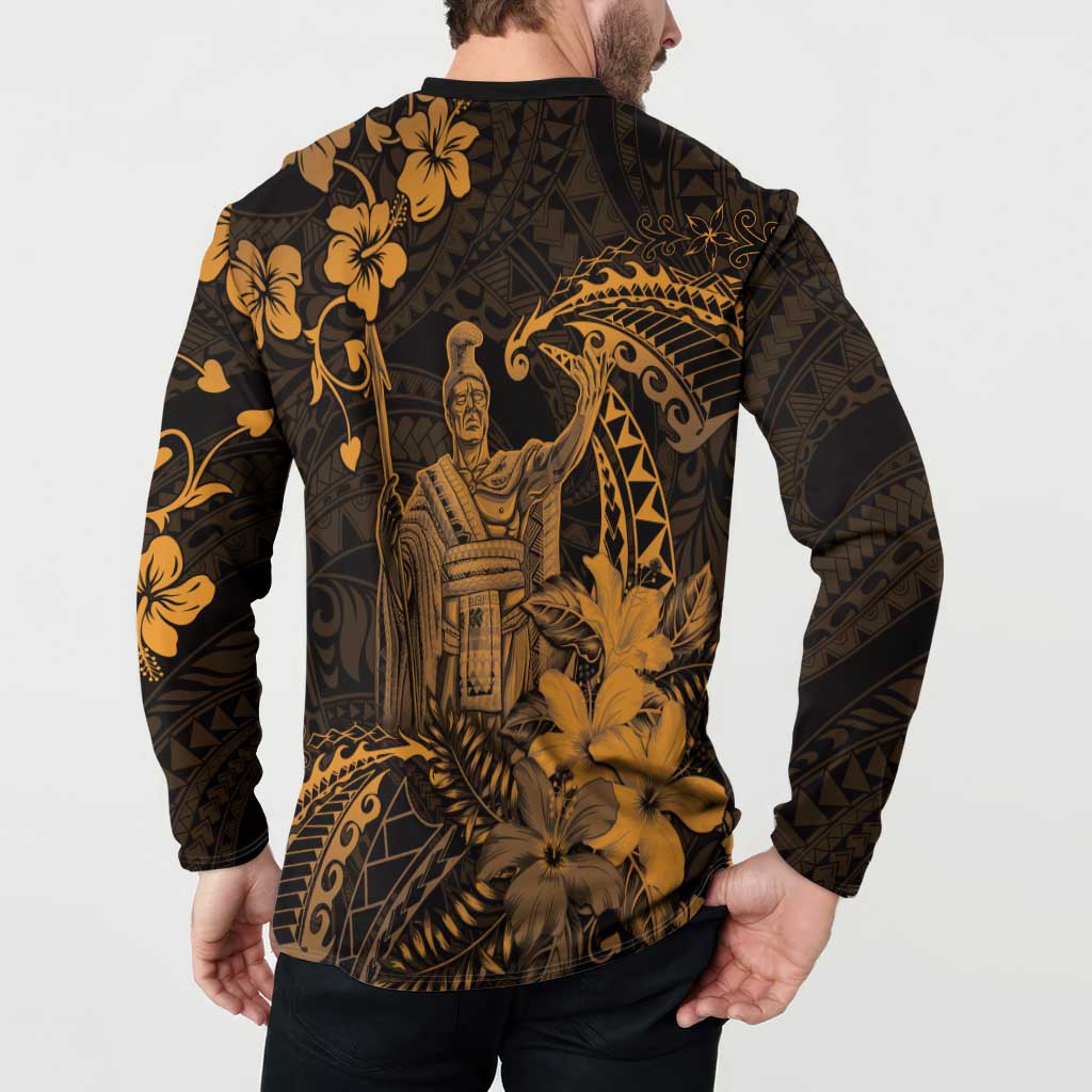 Hawaii King Kamehameha Day Button Sweatshirt Polynesian Pattern Mix Hibiscus Gold LT05 - Polynesian Pride
