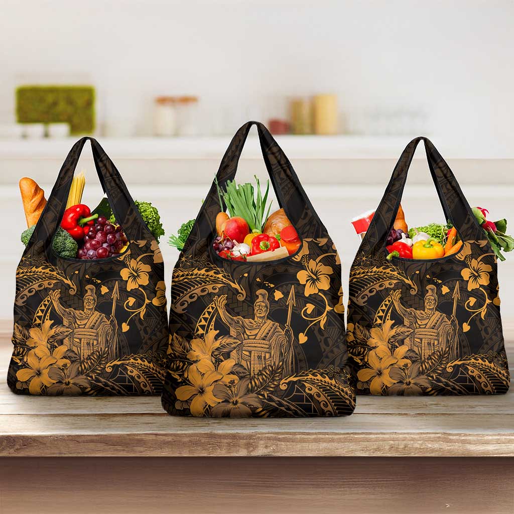 Hawaii King Kamehameha Day Grocery Bag Polynesian Pattern Mix Hibiscus Gold LT05 3-pack One Size Gold - Polynesian Pride