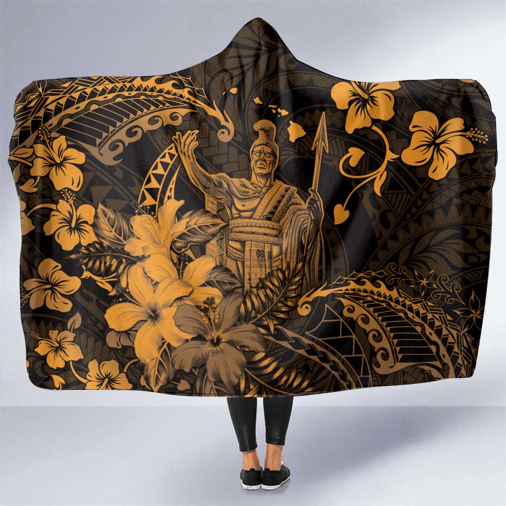 Hawaii King Kamehameha Day Hooded Blanket Polynesian Pattern Mix Hibiscus Gold LT05 One Size Gold - Polynesian Pride