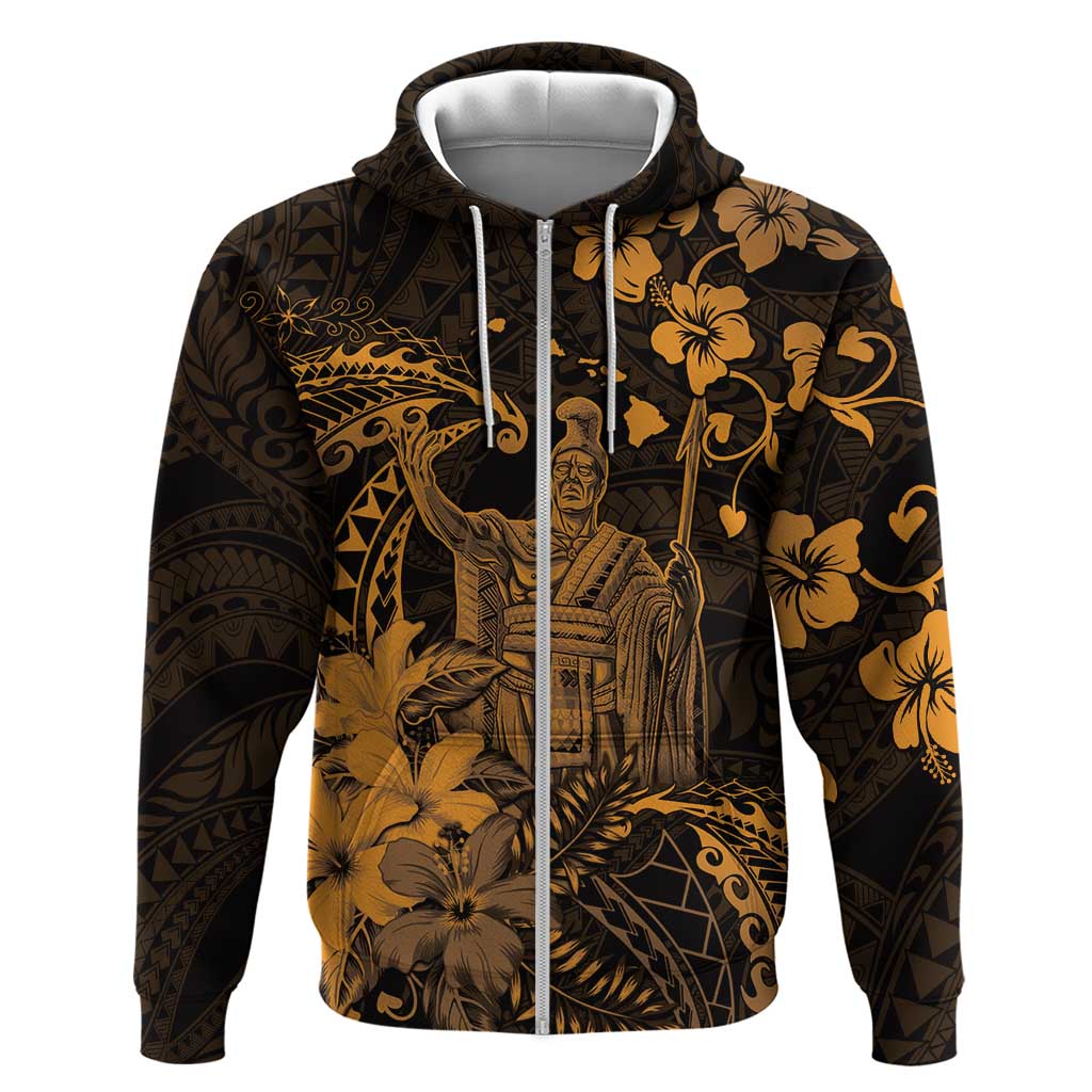Hawaii King Kamehameha Day Hoodie Polynesian Pattern Mix Hibiscus Gold LT05 Zip Hoodie Gold - Polynesian Pride