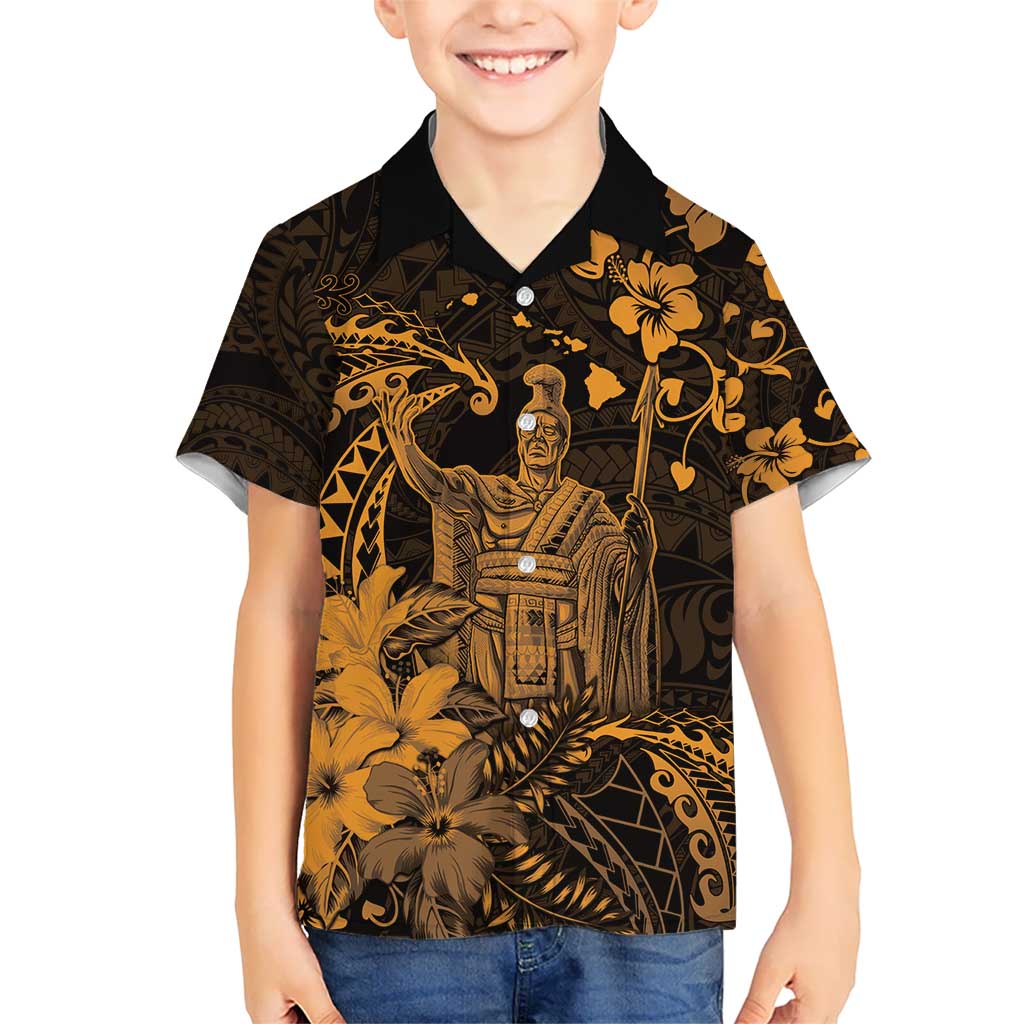 Hawaii King Kamehameha Day Kid Hawaiian Shirt Polynesian Pattern Mix Hibiscus Gold LT05 Kid Gold - Polynesian Pride