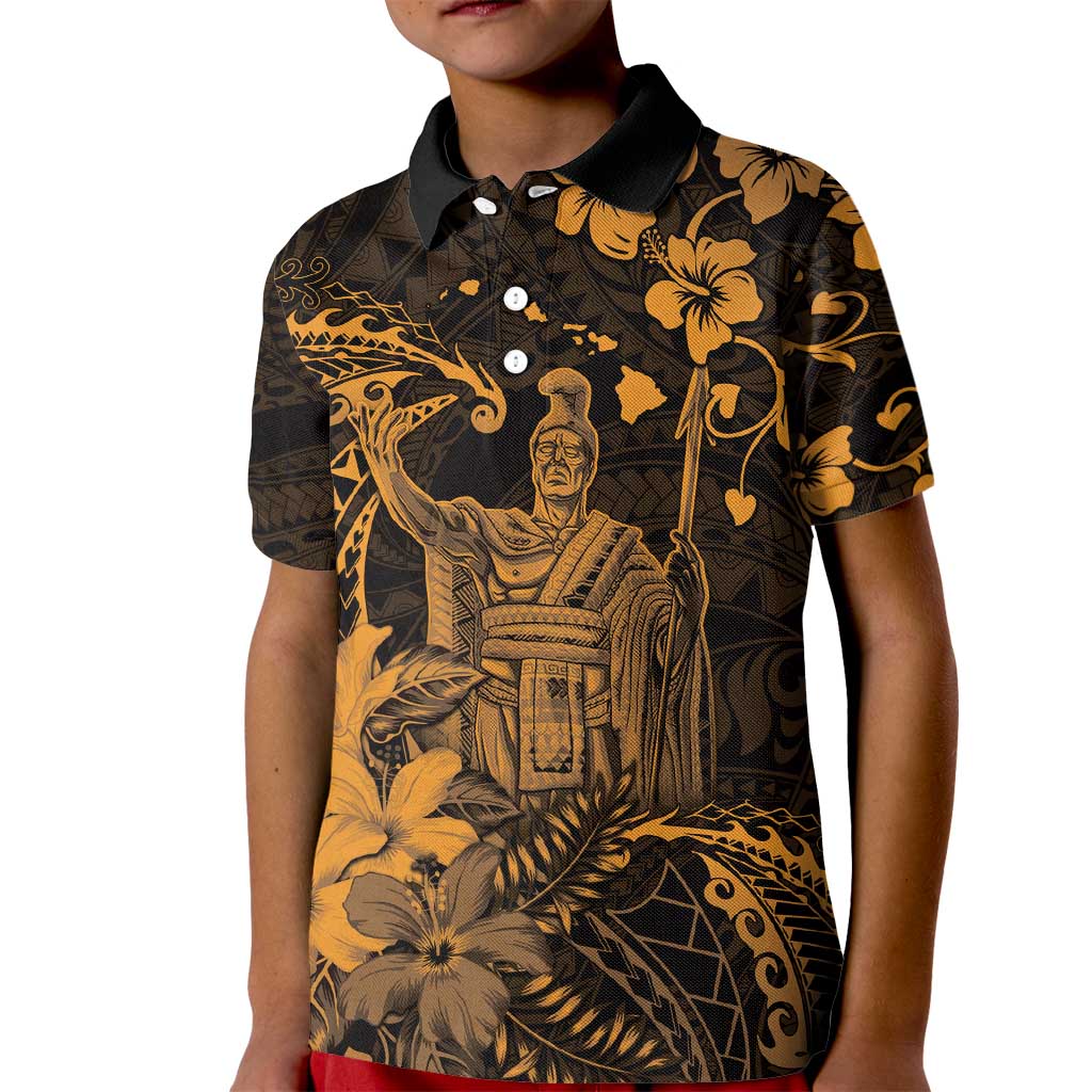 Hawaii King Kamehameha Day Kid Polo Shirt Polynesian Pattern Mix Hibiscus Gold LT05 Kid Gold - Polynesian Pride