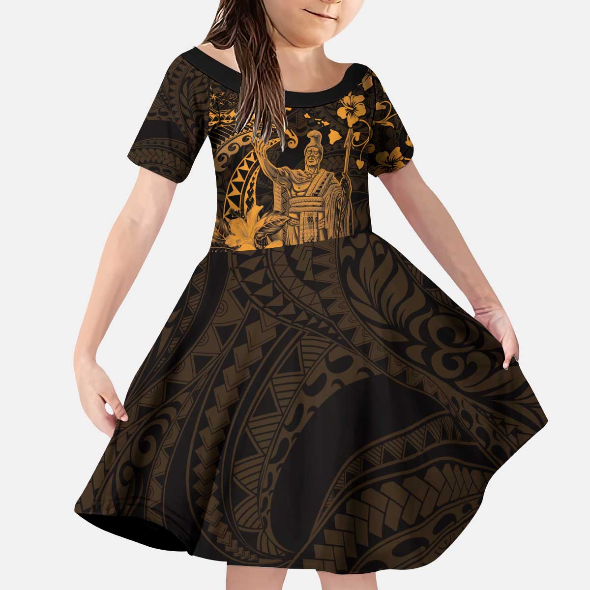Hawaii King Kamehameha Day Kid Short Sleeve Dress Polynesian Pattern Mix Hibiscus Gold LT05 KID Gold - Polynesian Pride