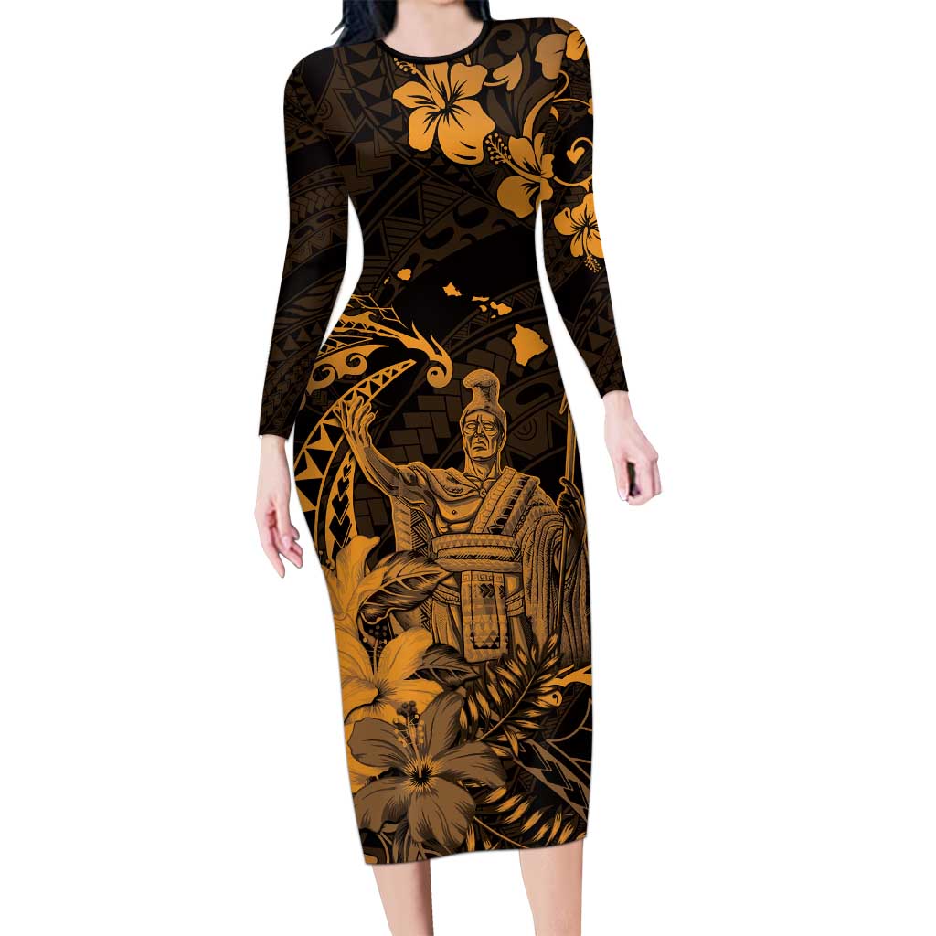 Hawaii King Kamehameha Day Long Sleeve Bodycon Dress Polynesian Pattern Mix Hibiscus Gold LT05 Long Dress Gold - Polynesian Pride