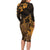 Hawaii King Kamehameha Day Long Sleeve Bodycon Dress Polynesian Pattern Mix Hibiscus Gold