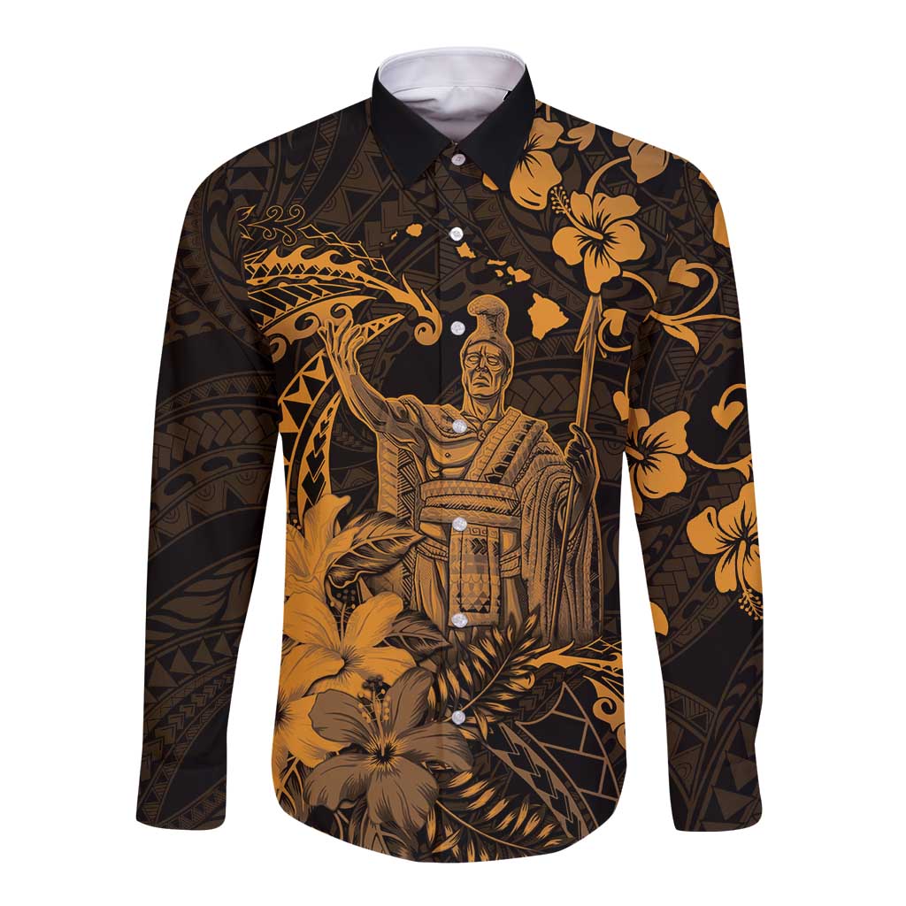 Hawaii King Kamehameha Day Long Sleeve Button Shirt Polynesian Pattern Mix Hibiscus Gold LT05 Unisex Gold - Polynesian Pride