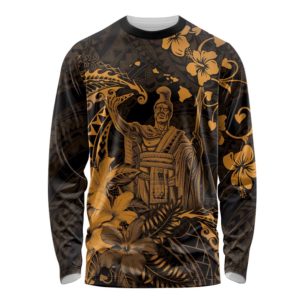 Hawaii King Kamehameha Day Long Sleeve Shirt Polynesian Pattern Mix Hibiscus Gold LT05 Unisex Gold - Polynesian Pride
