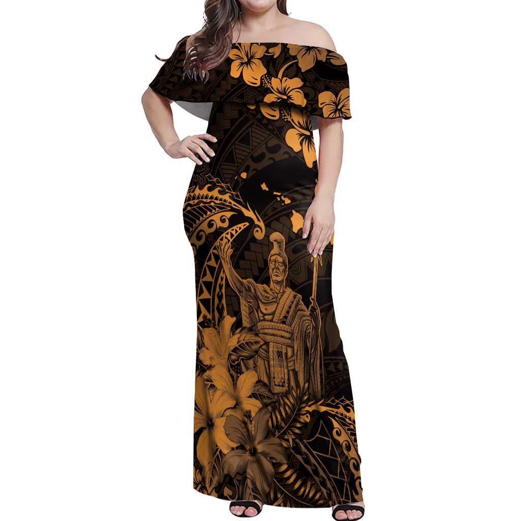 Hawaii King Kamehameha Day Off Shoulder Maxi Dress Polynesian Pattern Mix Hibiscus Gold LT05 Women Gold - Polynesian Pride