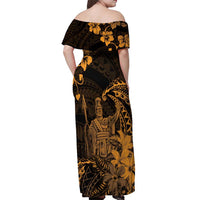 Hawaii King Kamehameha Day Off Shoulder Maxi Dress Polynesian Pattern Mix Hibiscus Gold LT05 - Polynesian Pride