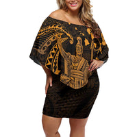 Hawaii King Kamehameha Day Off Shoulder Short Dress Polynesian Pattern Mix Hibiscus Gold LT05 Women Gold - Polynesian Pride