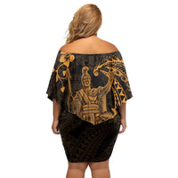 Hawaii King Kamehameha Day Off Shoulder Short Dress Polynesian Pattern Mix Hibiscus Gold LT05 - Polynesian Pride