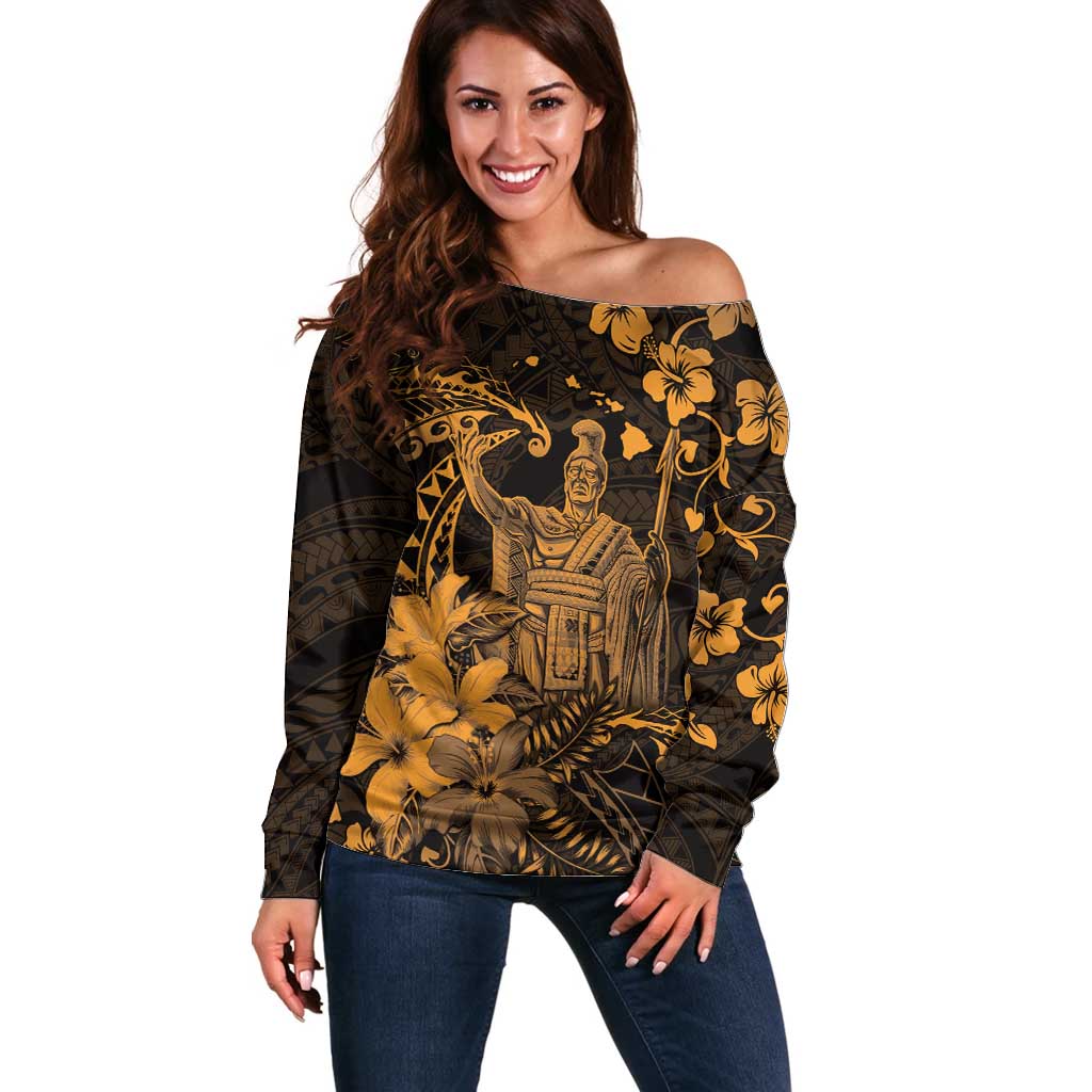Hawaii King Kamehameha Day Off Shoulder Sweater Polynesian Pattern Mix Hibiscus Gold LT05 Women Gold - Polynesian Pride