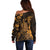 Hawaii King Kamehameha Day Off Shoulder Sweater Polynesian Pattern Mix Hibiscus Gold