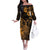 Hawaii King Kamehameha Day Off The Shoulder Long Sleeve Dress Polynesian Pattern Mix Hibiscus Gold