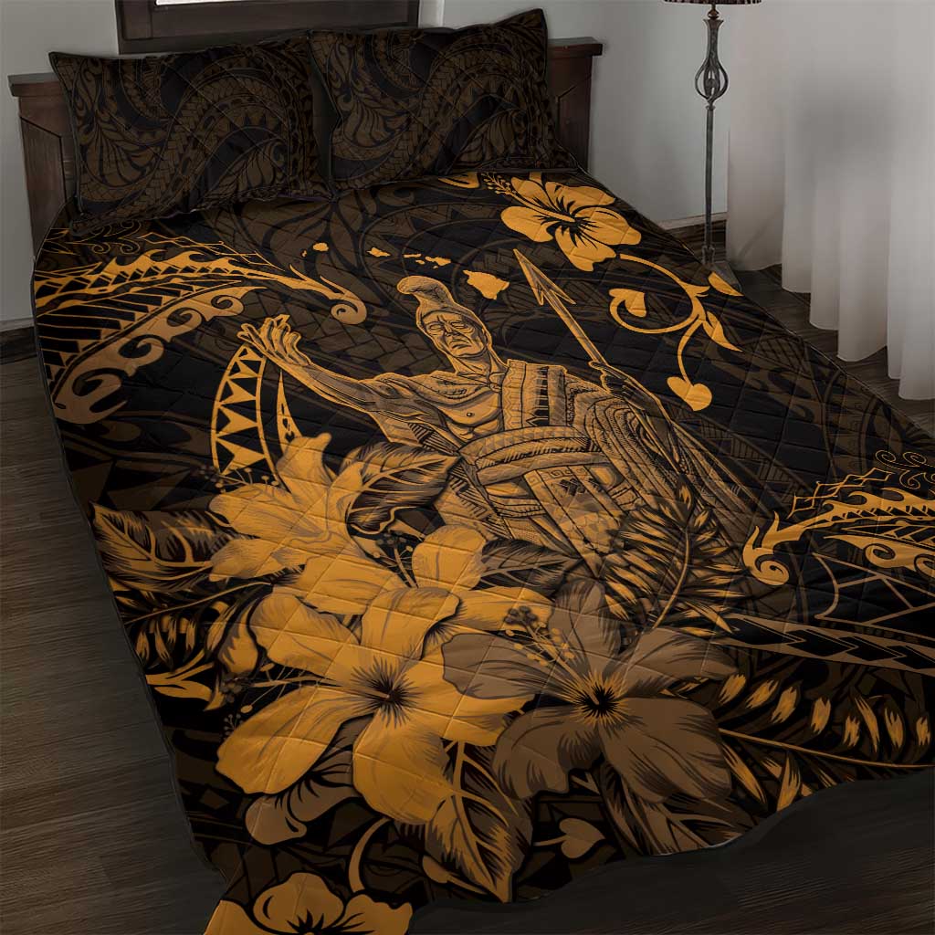 Hawaii King Kamehameha Day Quilt Bed Set Polynesian Pattern Mix Hibiscus Gold LT05 Gold - Polynesian Pride