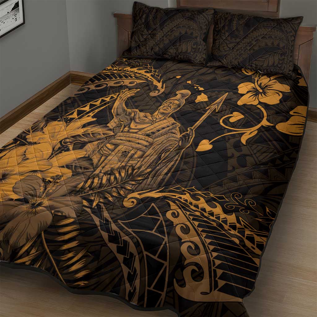 Hawaii King Kamehameha Day Quilt Bed Set Polynesian Pattern Mix Hibiscus Gold LT05 - Polynesian Pride