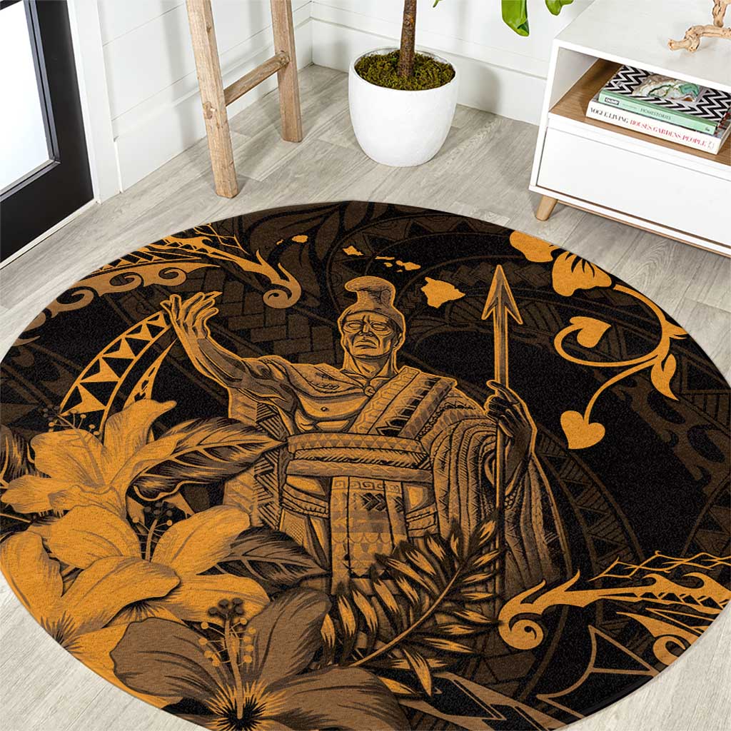 Hawaii King Kamehameha Day Round Carpet Polynesian Pattern Mix Hibiscus Gold LT05 Gold - Polynesian Pride