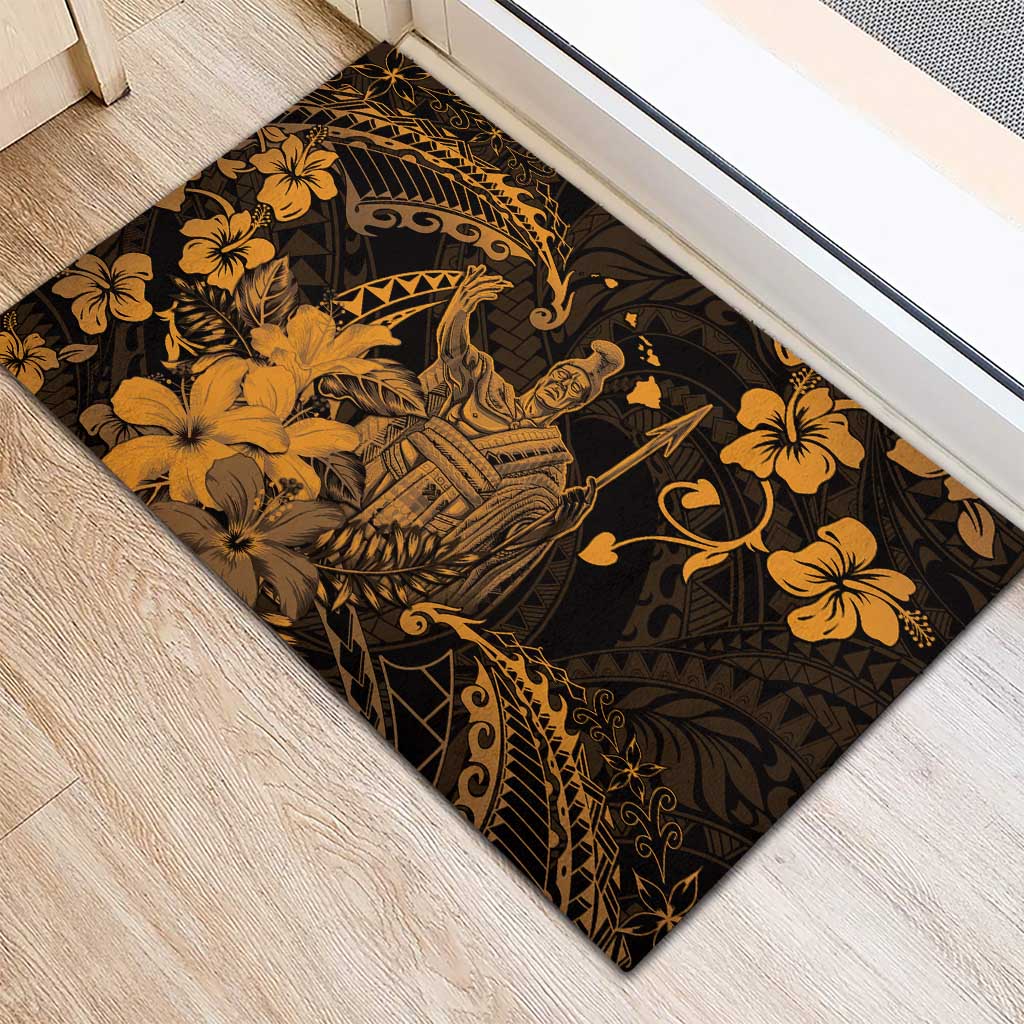 Hawaii King Kamehameha Day Rubber Doormat Polynesian Pattern Mix Hibiscus Gold LT05 - Polynesian Pride