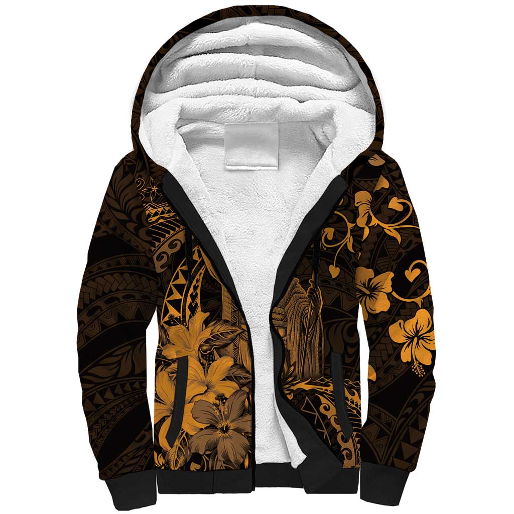 Hawaii King Kamehameha Day Sherpa Hoodie Polynesian Pattern Mix Hibiscus Gold LT05 Unisex Gold - Polynesian Pride