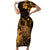 Hawaii King Kamehameha Day Short Sleeve Bodycon Dress Polynesian Pattern Mix Hibiscus Gold