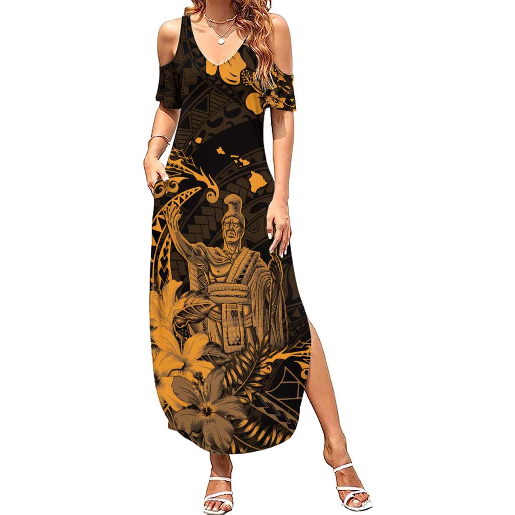 Hawaii King Kamehameha Day Summer Maxi Dress Polynesian Pattern Mix Hibiscus Gold LT05 Women Gold - Polynesian Pride