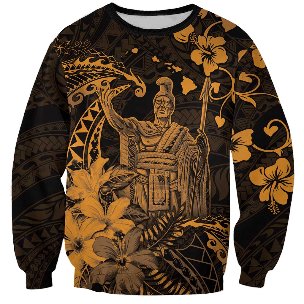 Hawaii King Kamehameha Day Sweatshirt Polynesian Pattern Mix Hibiscus Gold LT05 Unisex Gold - Polynesian Pride