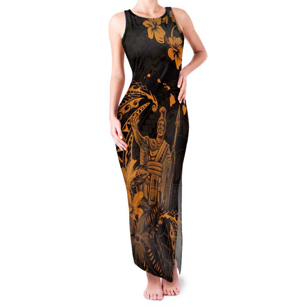 Hawaii King Kamehameha Day Tank Maxi Dress Polynesian Pattern Mix Hibiscus Gold LT05 Women Gold - Polynesian Pride