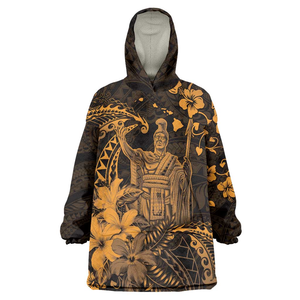 Hawaii King Kamehameha Day Wearable Blanket Hoodie Polynesian Pattern Mix Hibiscus Gold LT05 One Size Gold - Polynesian Pride
