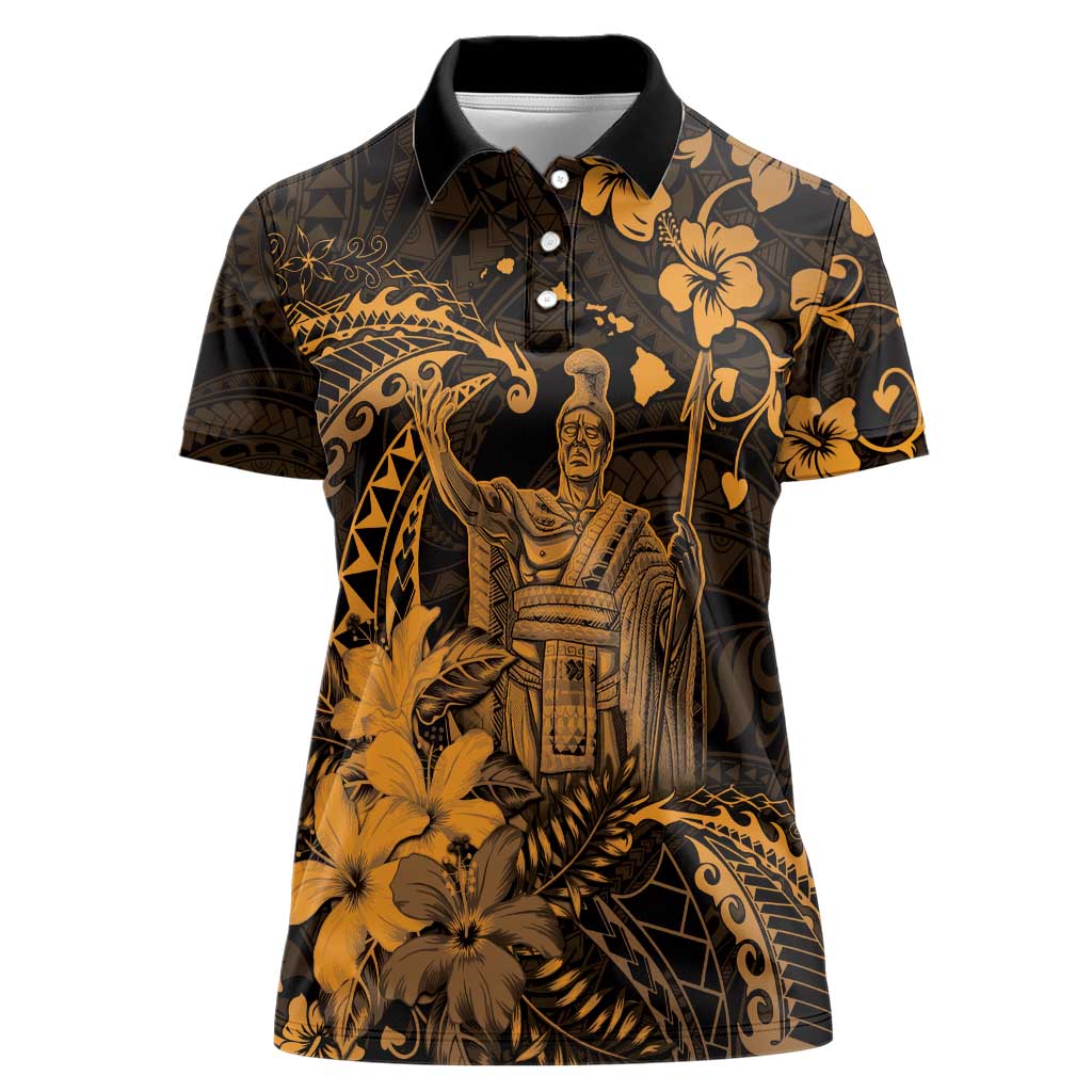 Hawaii King Kamehameha Day Women Polo Shirt Polynesian Pattern Mix Hibiscus Gold