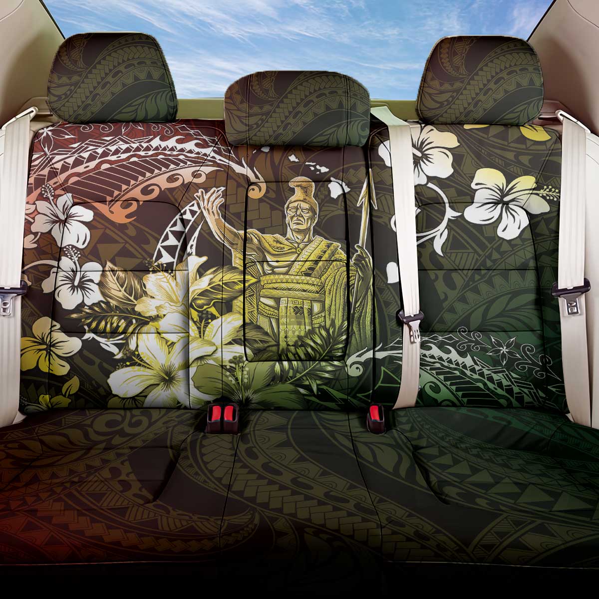 Hawaii King Kamehameha Day Back Car Seat Cover Polynesian Pattern Mix Hibiscus Reggae LT05 One Size Reggae - Polynesian Pride