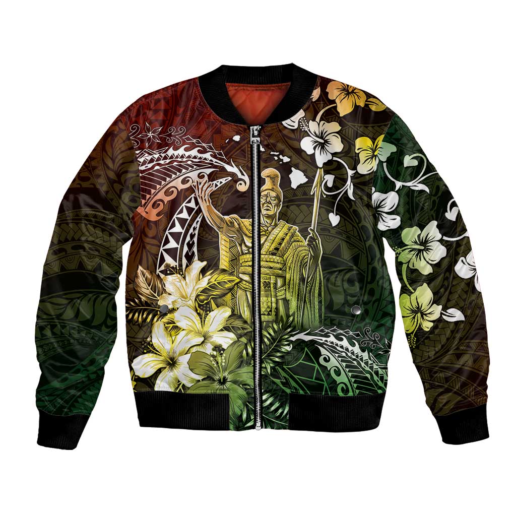 Hawaii King Kamehameha Day Bomber Jacket Polynesian Pattern Mix Hibiscus Reggae LT05 Unisex Reggae - Polynesian Pride