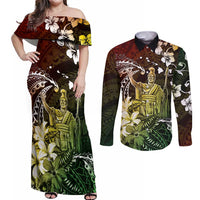Hawaii King Kamehameha Day Couples Matching Off Shoulder Maxi Dress and Long Sleeve Button Shirt Polynesian Pattern Mix Hibiscus Reggae LT05 Reggae - Polynesian Pride